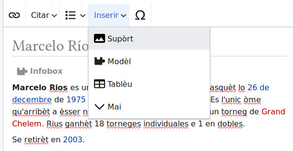 Menu « Inserir » - « Supòrt »